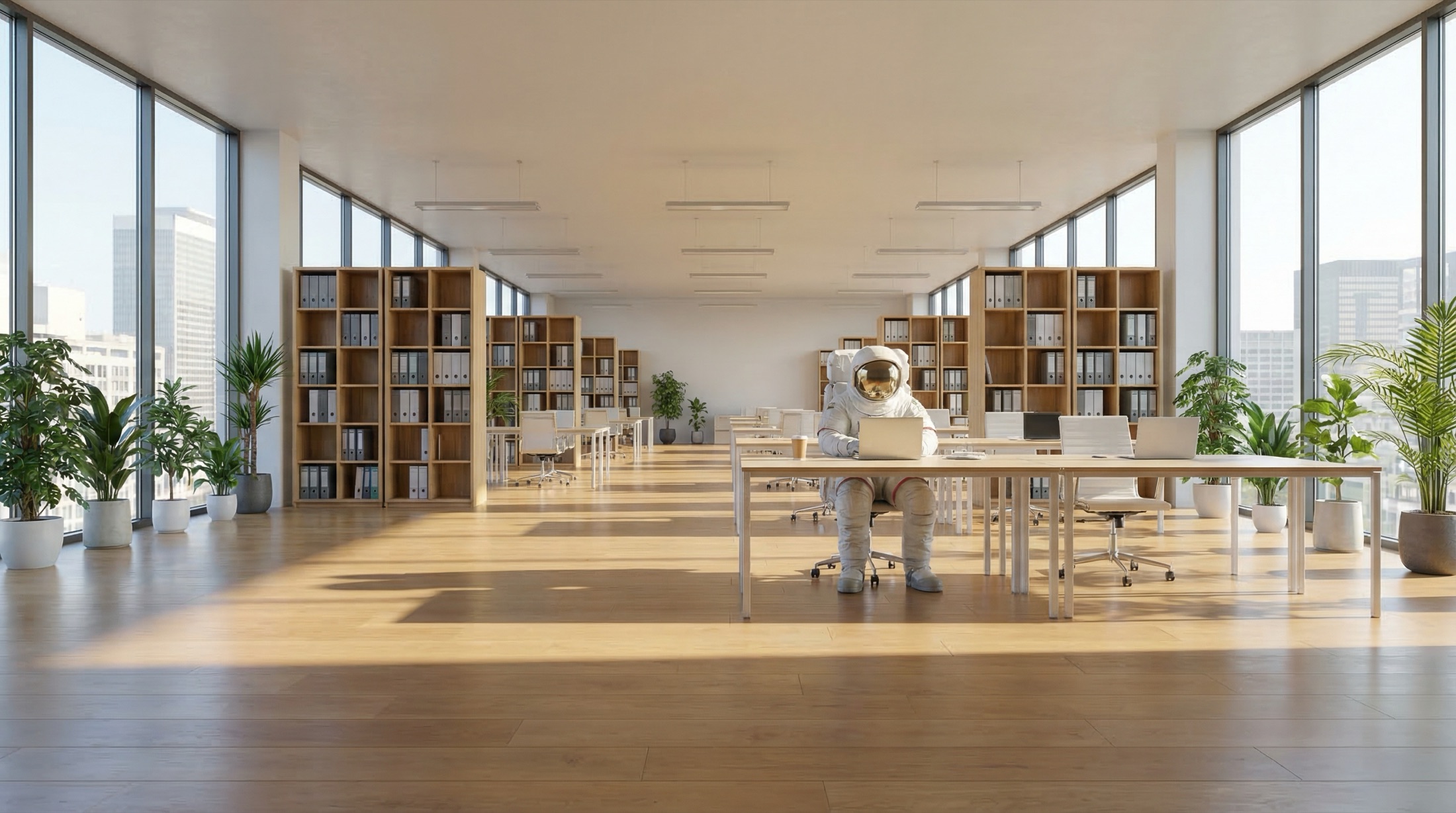 An astronaut working at a laptop in a sunlit open-plan office