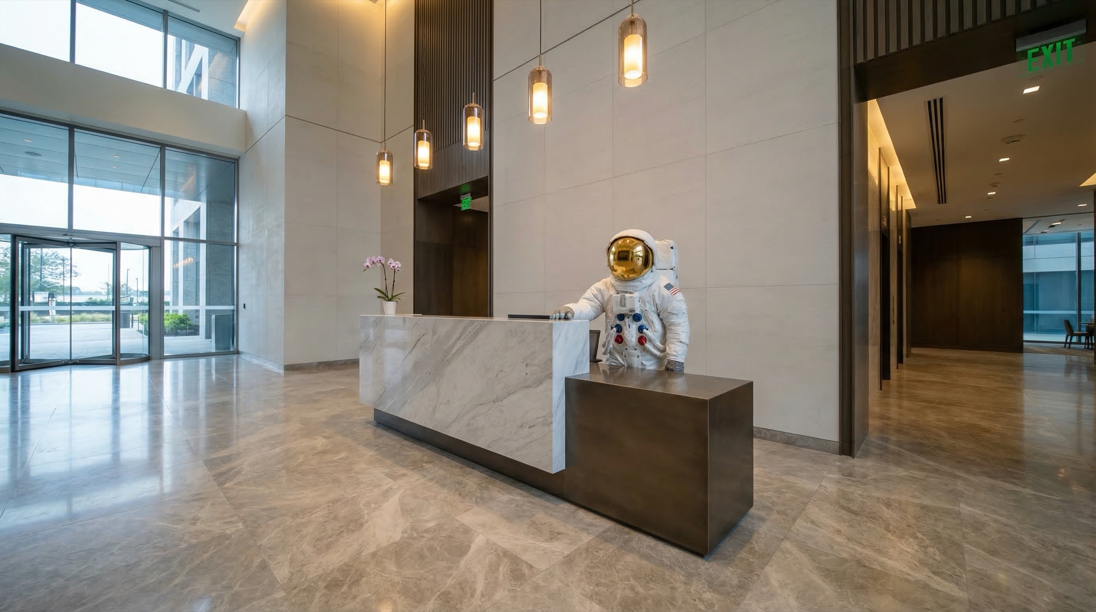 An astronaut standing at a marble reception desk