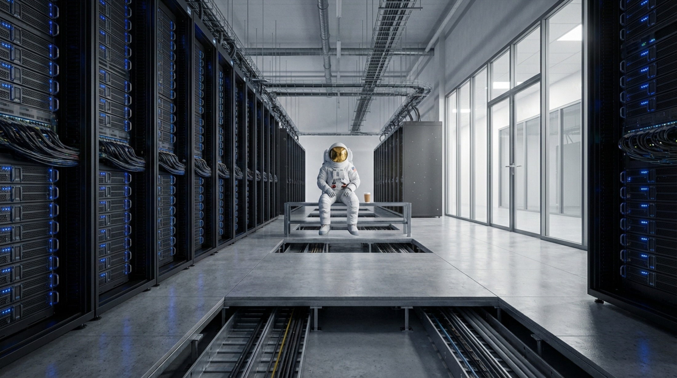 An astronaut seated in a bright server room