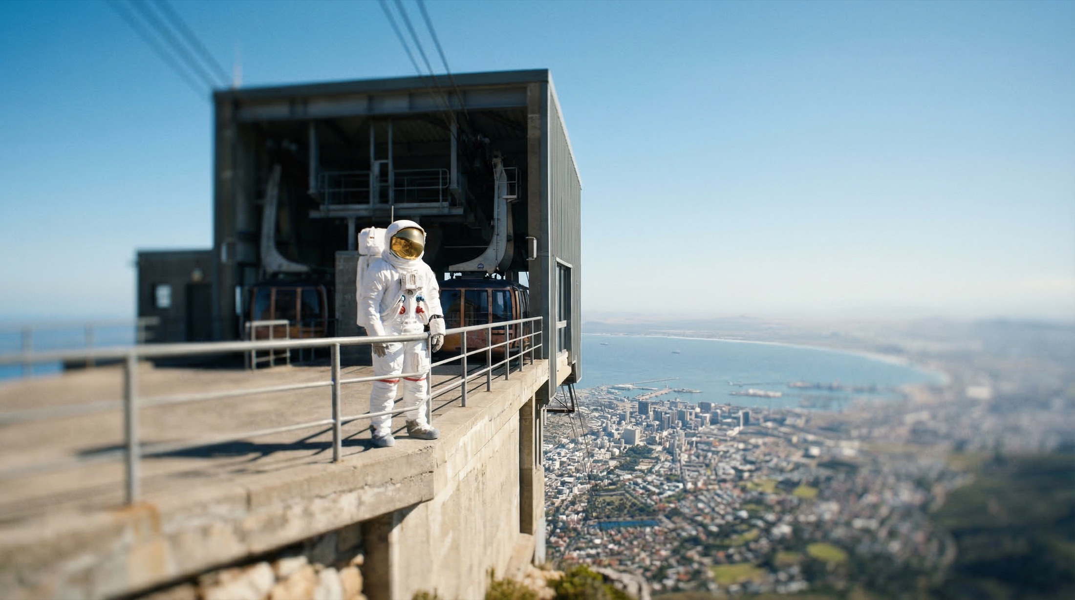 An astronaut at the Table Mountain cable car above Cape Town