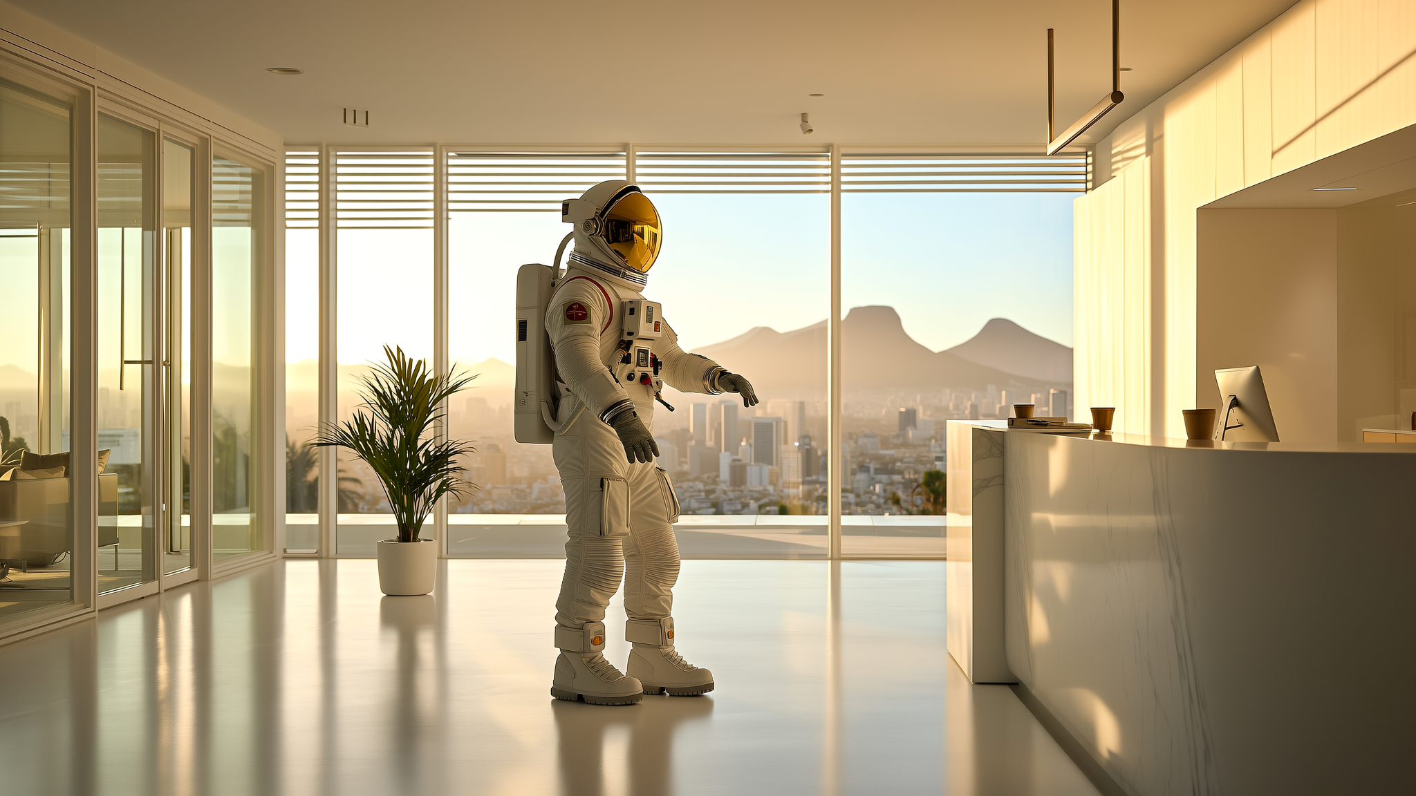 The AiSky astronaut in a light-filled Cape Town office, the city and Table Mountain through the glass