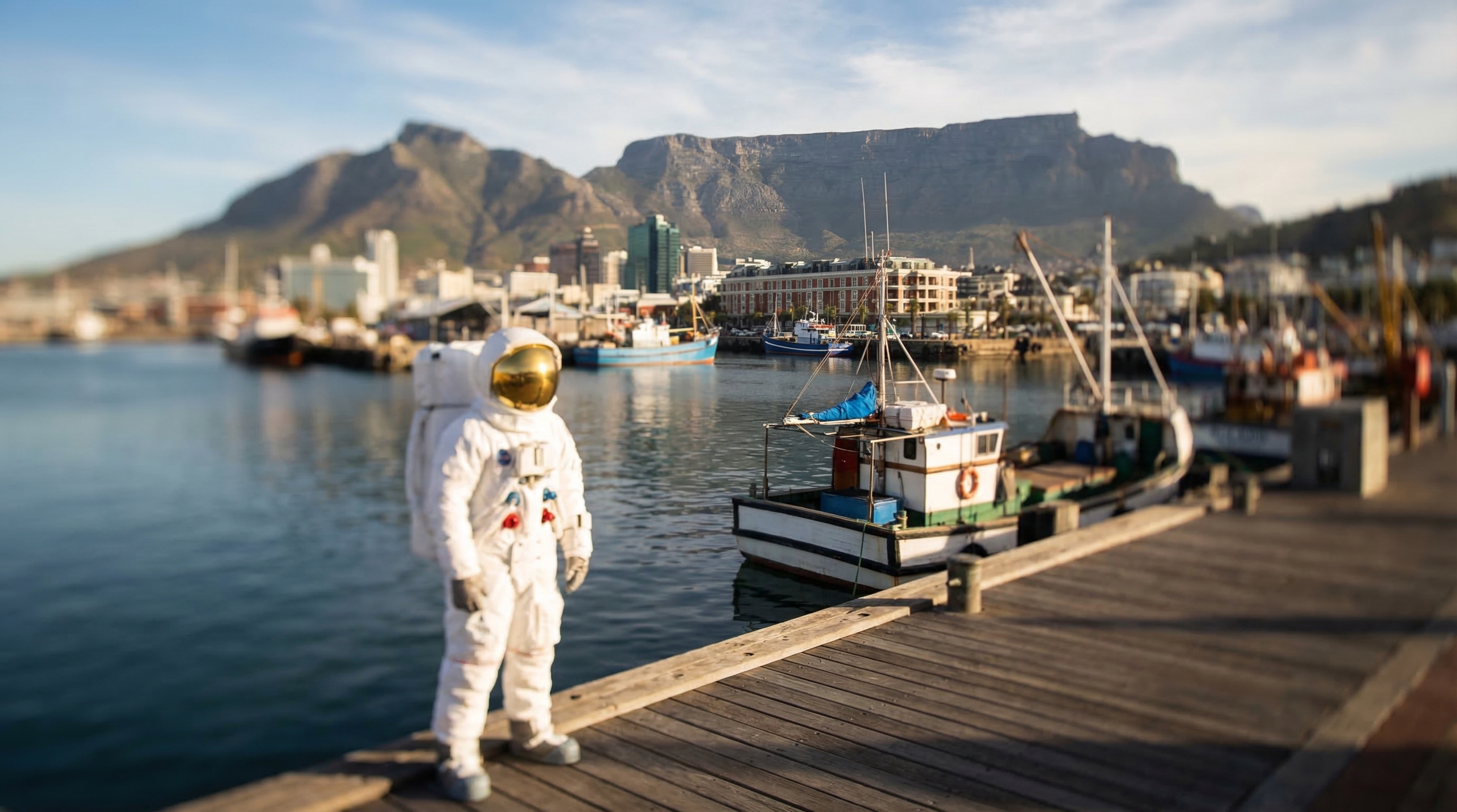 The AiSky astronaut on the Cape Town waterfront, Table Mountain behind the harbour