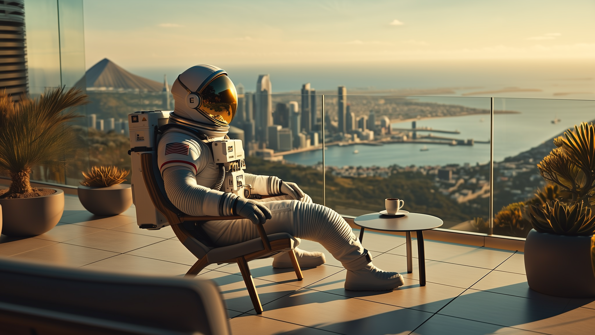 An apartment terrace looking out over a coastal city at golden hour