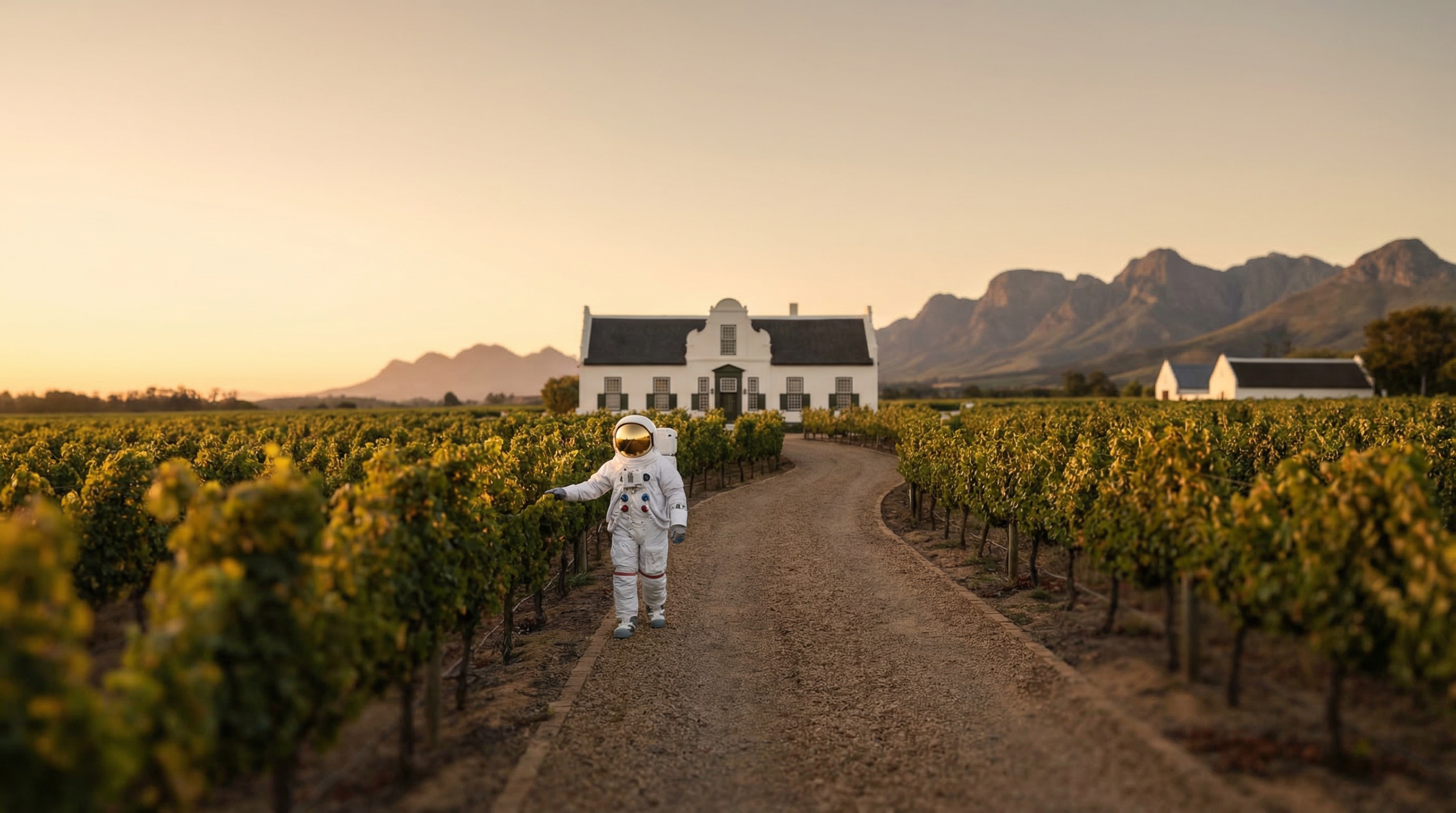 A Cape Dutch manor house at sunset, framed by vineyards and mountains