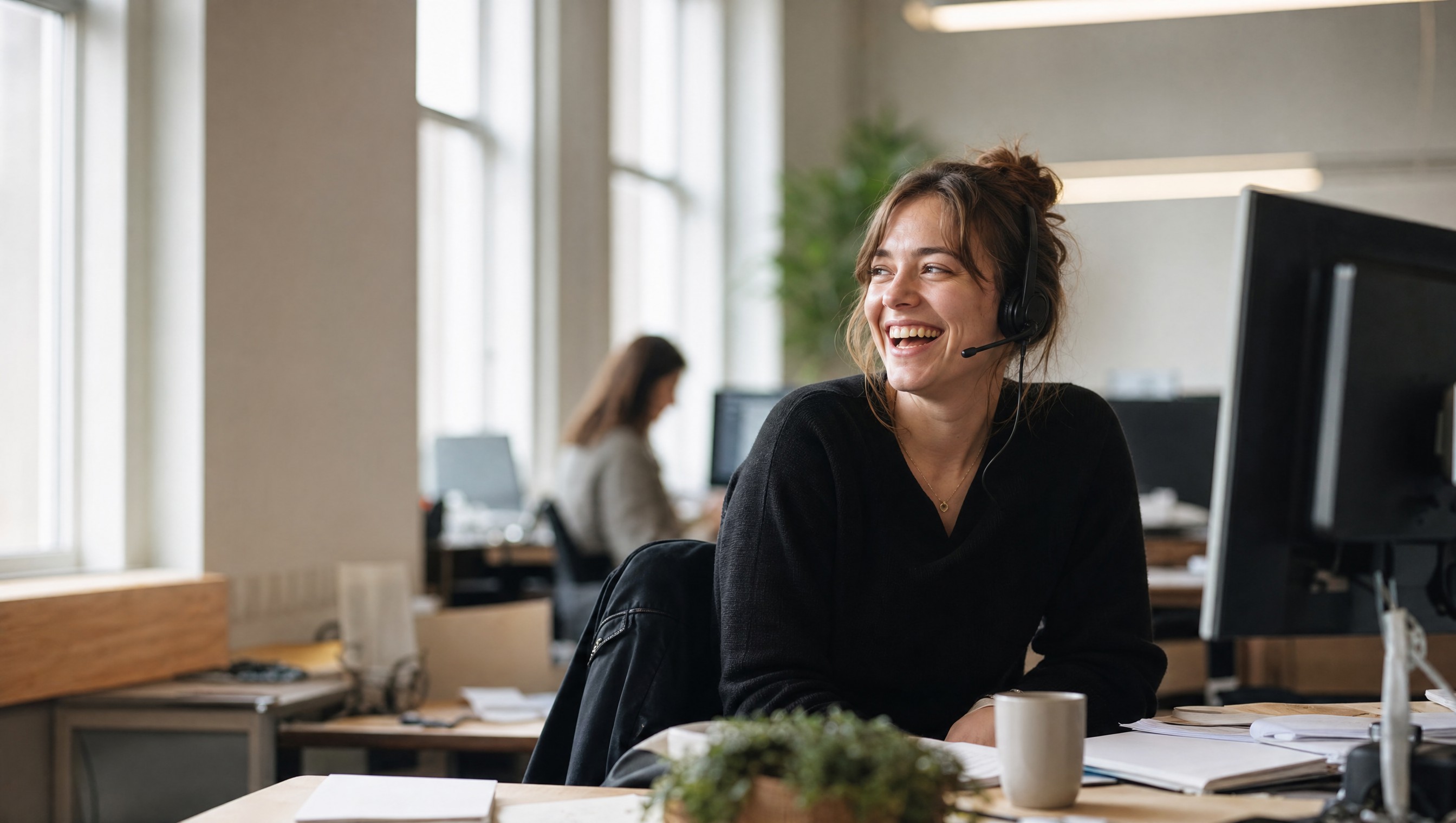 Someone at a desk on a headset call, smiling