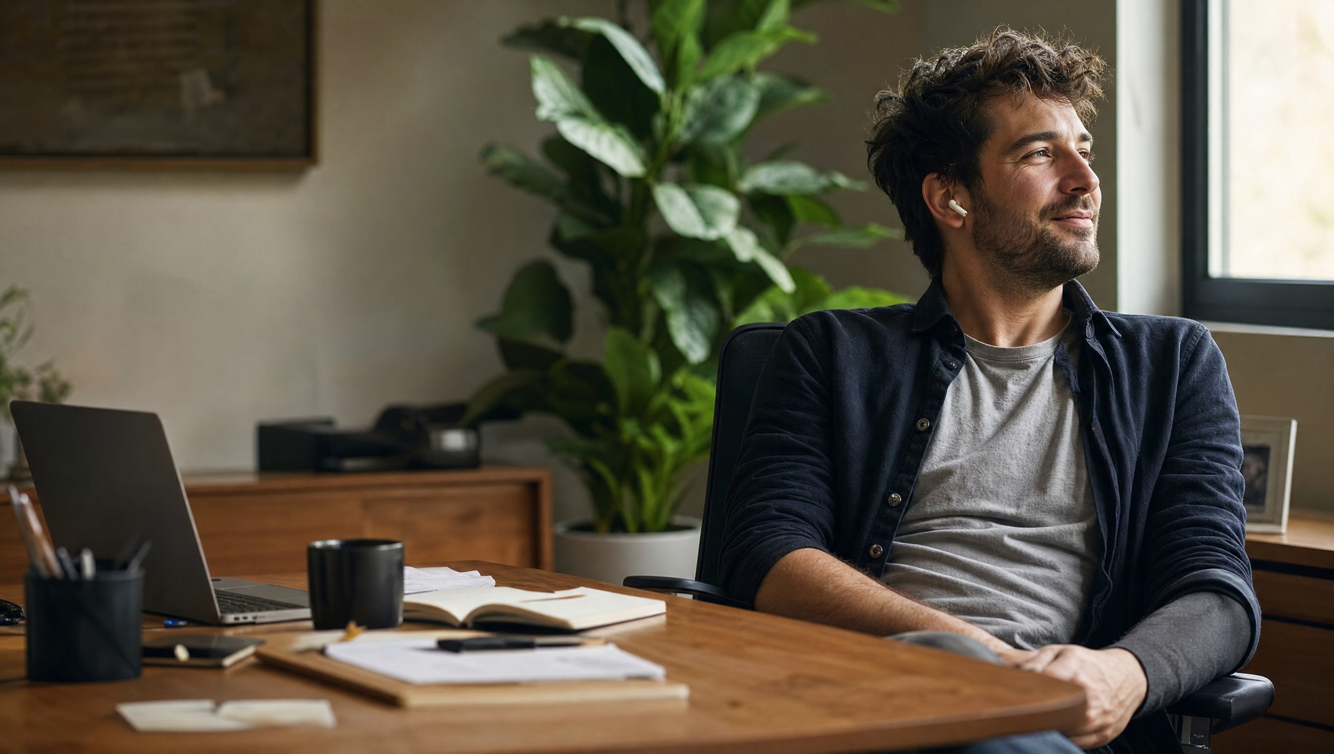 A man taking a call on a single earbud at his desk