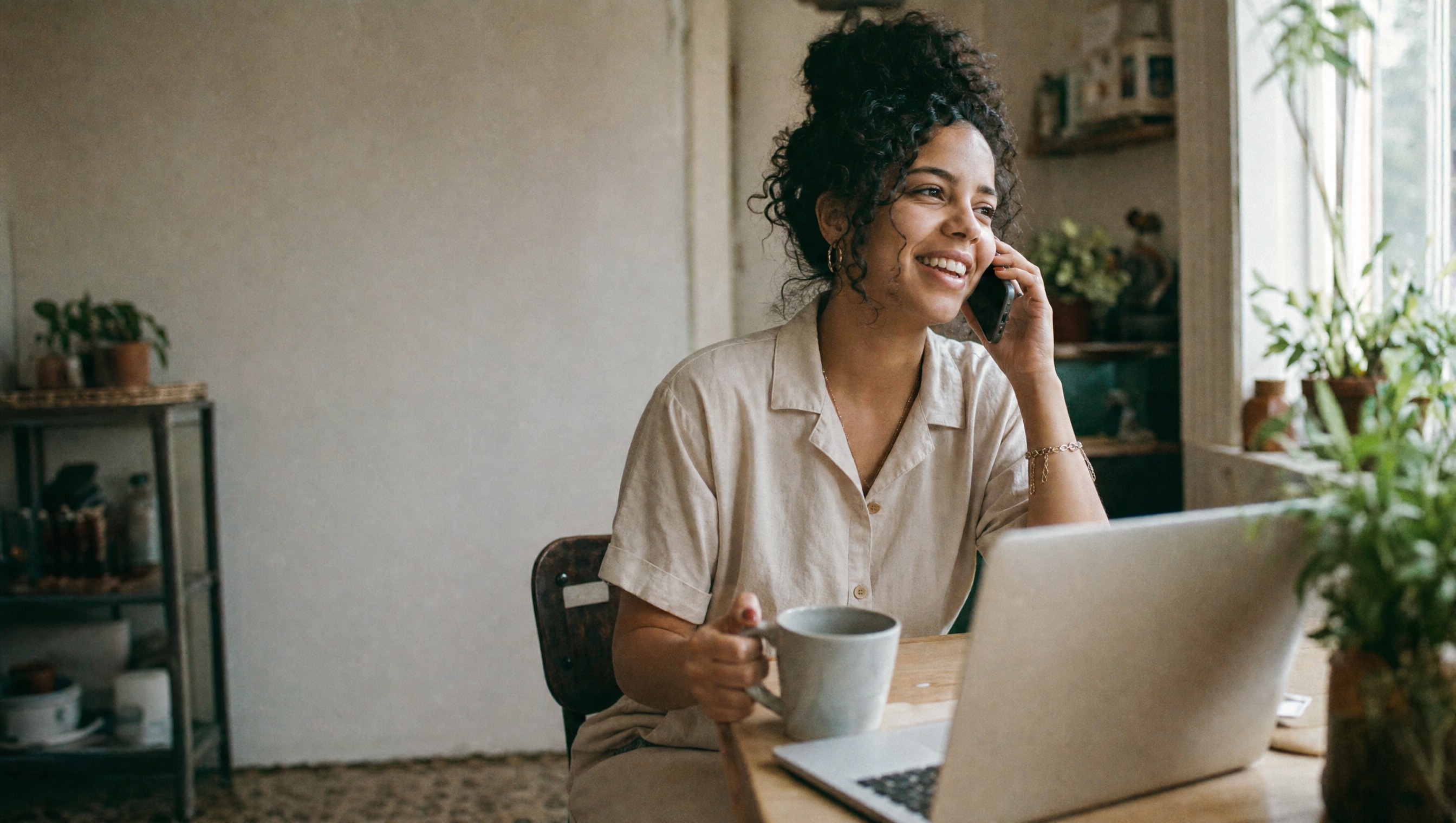 A person having a warm phone conversation at home
