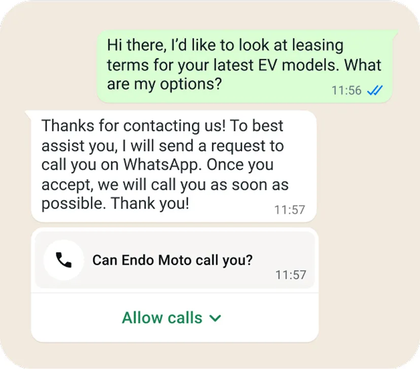 A WhatsApp chat showing a call permission request with an Allow calls button